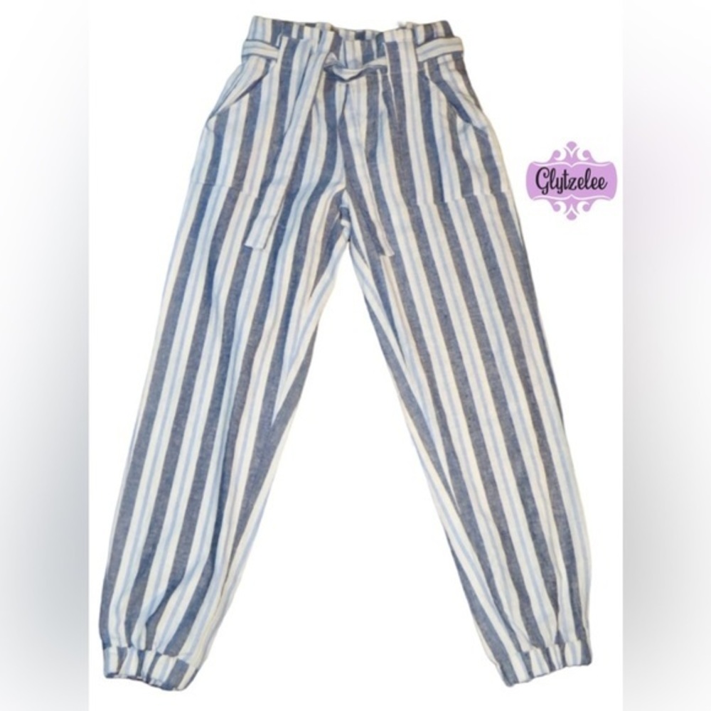 Indigo Rein Blue and White Striped Paperbag Waist Joggers